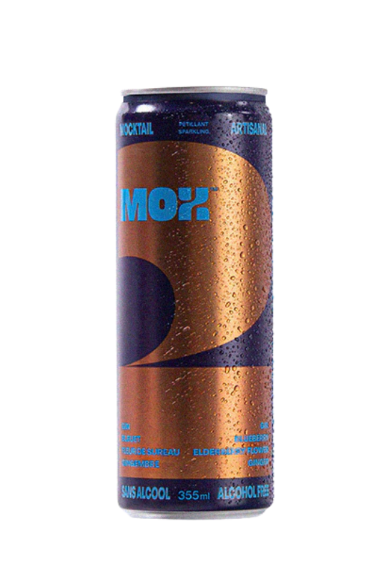 Mox 2 non-alcoholic gin, blueberry, elderflower and ginger cocktail can