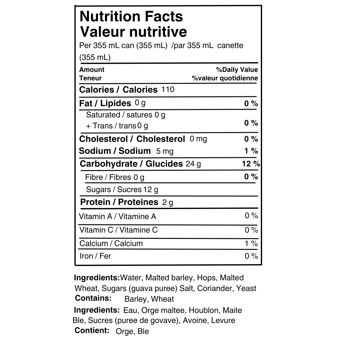 Nutrition facts for Collective Arts Guava Gose