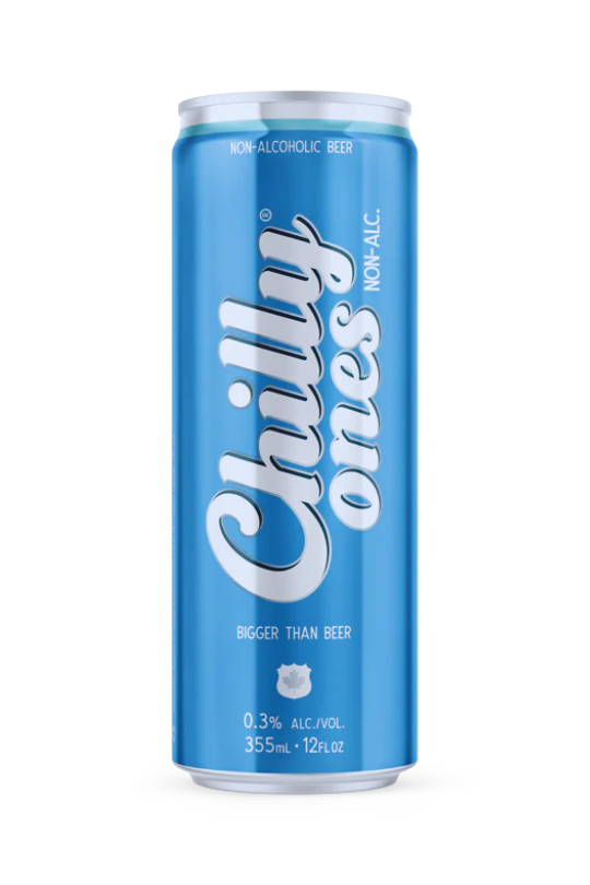 Blue can of 'Chilly Ones' non-alcoholic beer on a white background