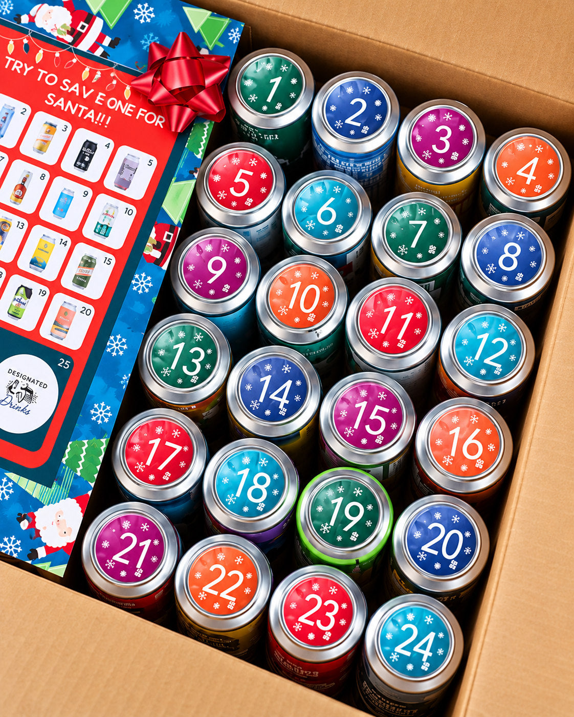 Close-up of colourful day-number stickers on 24 non-alcoholic beer cans in the Advent Calendar