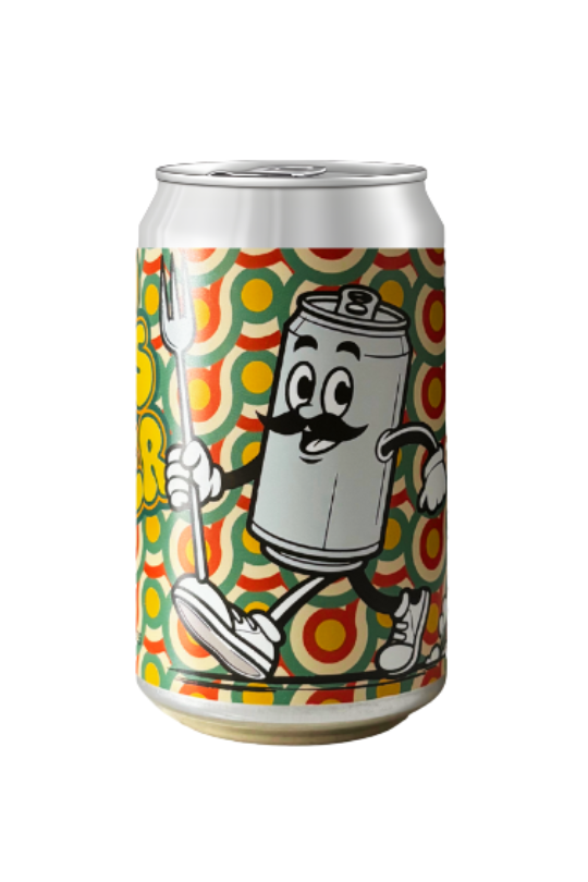 A can of non-alcoholic beer with a colorful design featuring a cartoon character.