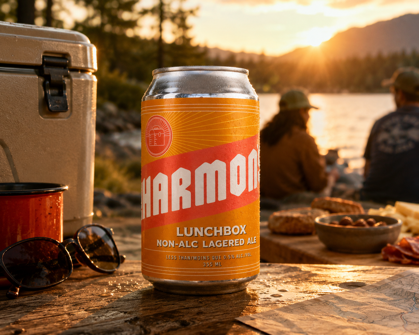 Harmon's Lunchbox Non-Alcoholic Lagered Ale at a lakeside picnic during sunset