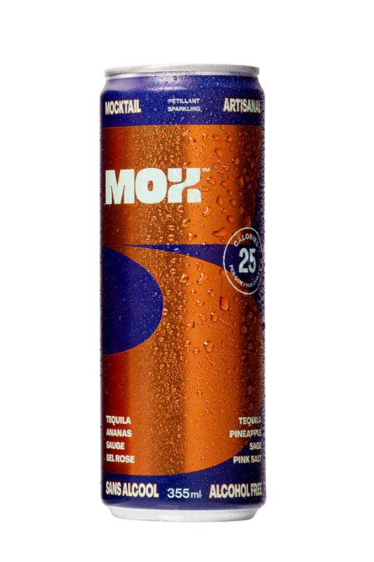 Canned drink with 'MOX' branding on a white background