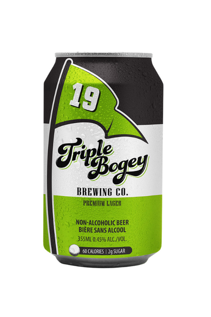 A can of Triple Bogey Non-Alcoholic Premium Lager with green and black color scheme and the number 19 prominently displayed.