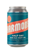 A can of Harmon's Half-Day Non-Alc Hazy IPA with a predominantly yellow label and blue text.