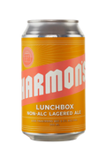 A can of Harmon's Lunchbox Non-Alcoholic Lagered Ale with a predominantly orange and yellow color scheme.